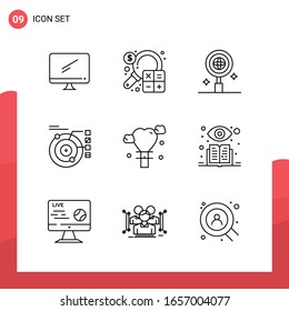 Pack of 9 Universal Outline Icons for Print Media on White Background.