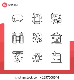 Paquete de 9 iconos de esquema universal para medios impresos en fondo blanco.