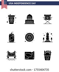 Pack of 9 USA Independence Day Celebration Solid Glyphs Signs and 4th July Symbols such as star; usa; director; drink; bottle Editable USA Day Vector Design Elements