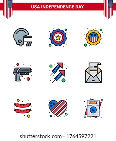 Pack of 9 USA Independence Day Celebration Flat Filled Lines Signs and 4th July Symbols such as greeting; email; security; shoot; fire Editable USA Day Vector Design Elements