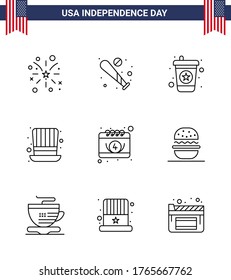 Pack of 9 USA Independence Day Celebration Lines Signs and 4th July Symbols such as calendar; usa; usa; presidents; day Editable USA Day Vector Design Elements