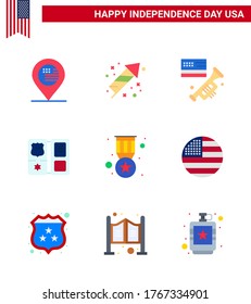 Pack of 9 USA Independence Day Celebration Flats Signs and 4th July Symbols such as badge; star; flag; american; book Editable USA Day Vector Design Elements