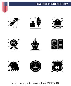 Pack of 9 USA Independence Day Celebration Solid Glyphs Signs and 4th July Symbols such as muffin; cake; cart; police; investigating Editable USA Day Vector Design Elements