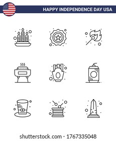 Pack of 9 USA Independence Day Celebration Lines Signs and 4th July Symbols such as fries; chips; fire; holiday; celebration Editable USA Day Vector Design Elements