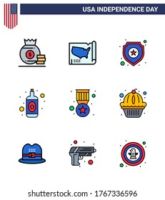 Pack of 9 USA Independence Day Celebration Flat Filled Lines Signs and 4th July Symbols such as medal; award; shield; wine; alcohol Editable USA Day Vector Design Elements