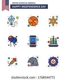 Pack of 9 USA Independence Day Celebration Flat Filled Lines Signs and 4th July Symbols such as smart phone; cell; police; american; bloons Editable USA Day Vector Design Elements