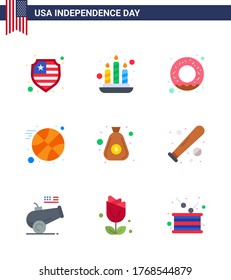 Paquete de 9 carteles de la celebración del Día de la Independencia de EEUU y símbolos del 4 de julio como béisbol; efectivo; nutrición; bolsa; elementos de diseño de vectores de USA Day editable en dólares