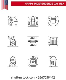 Pack of 9 USA Independence Day Celebration Lines Signs and 4th July Symbols such as buntings; statue; washington; of; landmarks Editable USA Day Vector Design Elements