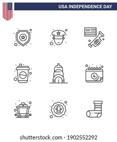 Pack of 9 USA Independence Day Celebration Lines Signs and 4th July Symbols such as usa; chrysler; speaker; soda; cola Editable USA Day Vector Design Elements