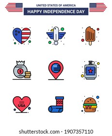 Pack of 9 USA Independence Day Celebration Flat Filled Lines Signs and 4th July Symbols such as american; money; state; bag; ice cream Editable USA Day Vector Design Elements