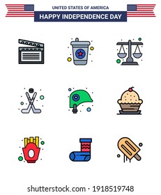 Paquete de 9 carteles llenos de líneas llenas de la celebración del Día de la Independencia de Estados Unidos y símbolos del 4 de julio, como protección; cabeza; justicia; deporte; elementos de diseño de vectores para el Día USA editables por hokey