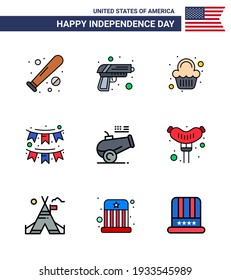 Paquete de 9 carteles llenos de líneas llenas de la celebración del Día de la Independencia de Estados Unidos y símbolos del 4 de julio, como garland; decoración; arma; accesorios; elementos de diseño de vectores para el Día USA editables de celebración