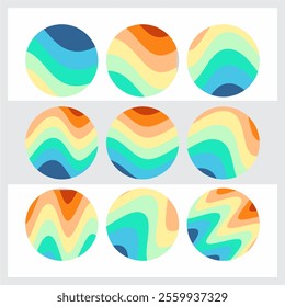 Pack of abstract circles in rainbow colors with curved lines