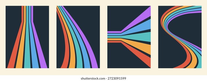 Pacote de fundos de arco-íris de faixa abstrato groovy com curvas suaves e fluxo funky. Ideal para arte moderna ou retrô.