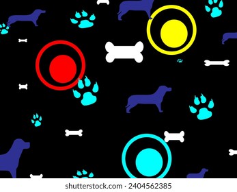 A pack of abstract stickers and shapes around dogs. dog, bubbles, bones, dog footprints, waves in trendy 90s 00s retro cartoon style.