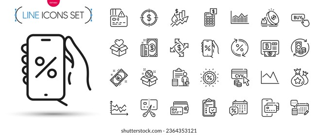 Paquete de contabilidad, porcentaje de préstamo y iconos de línea de dinero de cambio. Incluye el diagrama de diagrama, el calendario de descuentos, los iconos del pictograma de cartera. Pago, venta, señales de aumento de precios. Descuento, aplicación Descuentos. Vector