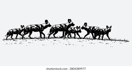 A pack of African wild dogs traverse a savanna landscape with striking contrast. Ideal for wildlife conservation campaigns or nature documentaries.