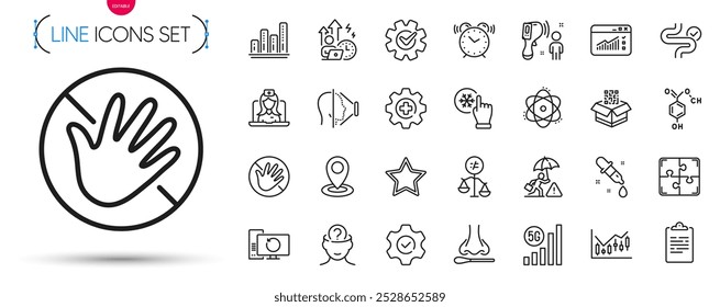 Pack of Alarm clock, Electronic thermometer and Chemistry pipette line icons. Include Face id, Qr code, Discrimination pictogram icons. Clipboard, Execute, Puzzle signs. Telemedicine. Vector