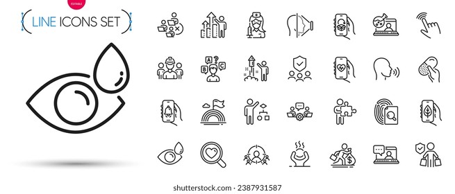 Pack of Algorithm, Remove team and Business targeting line icons. Include Difficult stress, Capsule pill, Ecology app pictogram icons. Face id, Teamwork, Health app signs. Eye drops. Vector
