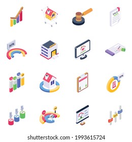 Paquete de iconos isométricos de análisis y gráficos de negocios 