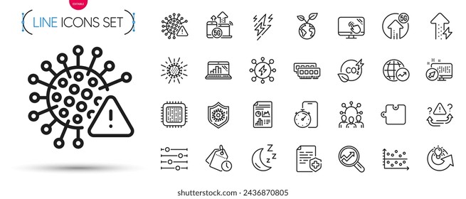 Pack of Analytics, Report document and 5g internet line icons. Include Cpu processor, Attention, Coronavirus pictogram icons. Lightning bolt, Squad, Power signs. Energy growing. Vector