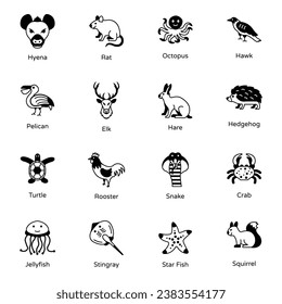 Pack of Animal and Sea Creatures Solid Icons 

