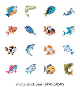 Pack of Aquatic Animals Flat Icons 

