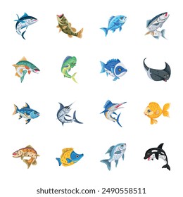 Pack of Aquatic Animals Flat Icons 

