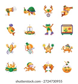 Paquete de iconos de estilo plano de animales acuáticos 
