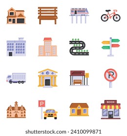 Paquete de arquitectura e iconos planos de placas viales 

