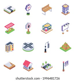 Paket von Architekturbüchern und Warnboards - Isometrische Symbole 