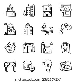 Paket von Architekturen Doodle-Symbole 

