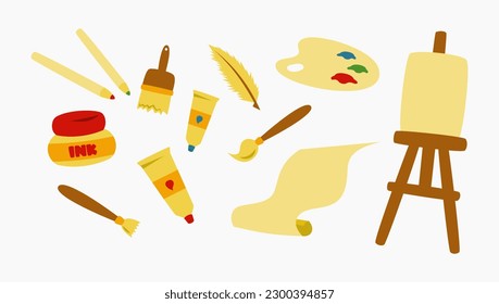 Pack of art supplies clip art vector illustrations. Suitable for creative theme or hobby poster, banner, and website design.