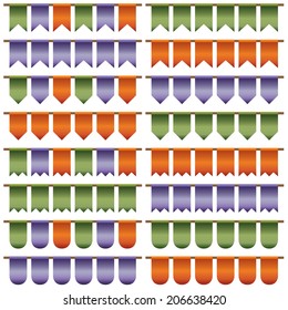 pack of assorted glossy bunting in green, purple and orange, isolated on white