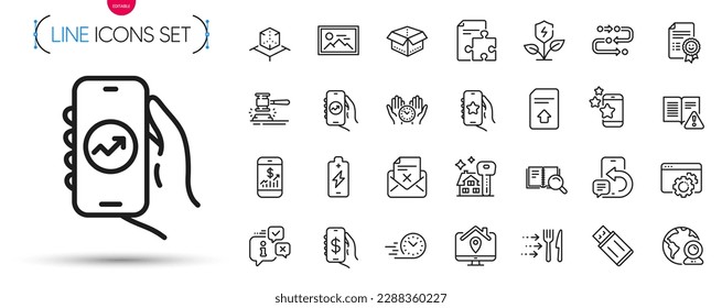 Pack of Augmented reality, Auction hammer and Battery charging line icons. Include Phone message, Buying house, Open box pictogram icons. Upload file, Reject letter, Methodology signs. Vector