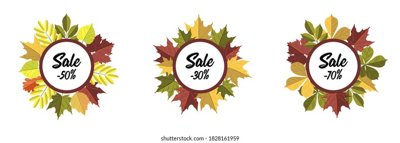 Pack of autumn sale circle labels with colorful leaves isolated on white background. Vector illustration