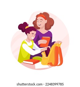 Pack a backpack isolated cartoon vector illustration. Smiling girl packing a bag, children daily routine, going to study, morning preparation for school, rush in the morning vector cartoon.