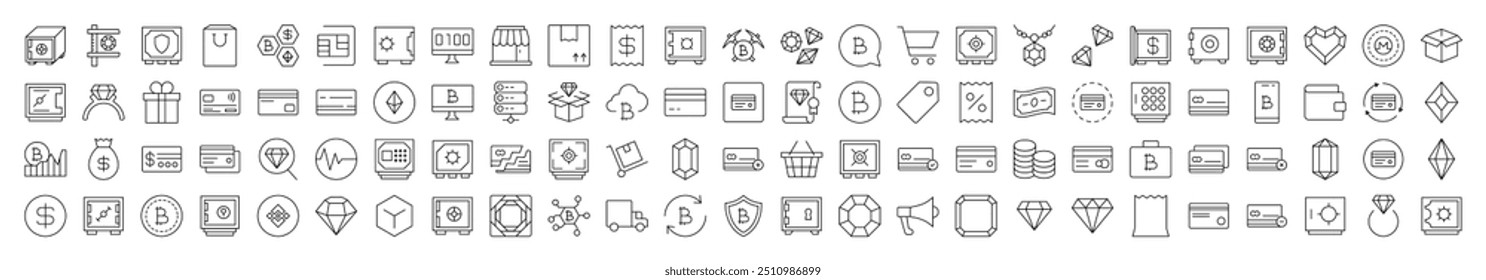 Pack of Banking and Money Related Line Icons. Editable Stroke for Design, Web Sites, Apps, Cards. Contains Linear Images of Shopping Cart, Bank, Diamond