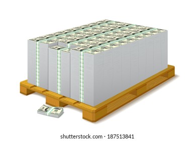 Pack of banknotes on a wooden pallet are on white background.
