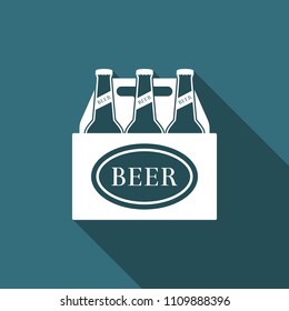 Pack of beer bottles icon isolated with long shadow. Case crate beer box sign. Flat design. Vector Illustration