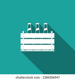 Pack of beer bottles icon isolated with long shadow. Wooden box and beer bottles. Case crate beer box sign. Flat design. Vector Illustration