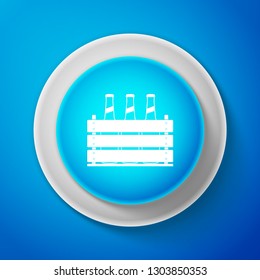 Pack of beer bottles icon isolated on blue background. Wooden box and beer bottles. Case crate beer box sign. Circle blue button. Vector illustration