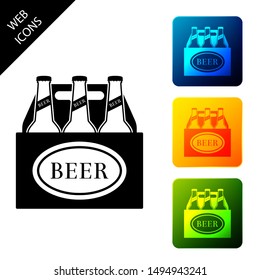 Pack of beer bottles icon isolated. Case crate beer box sign. Set icons colorful square buttons. Vector Illustration