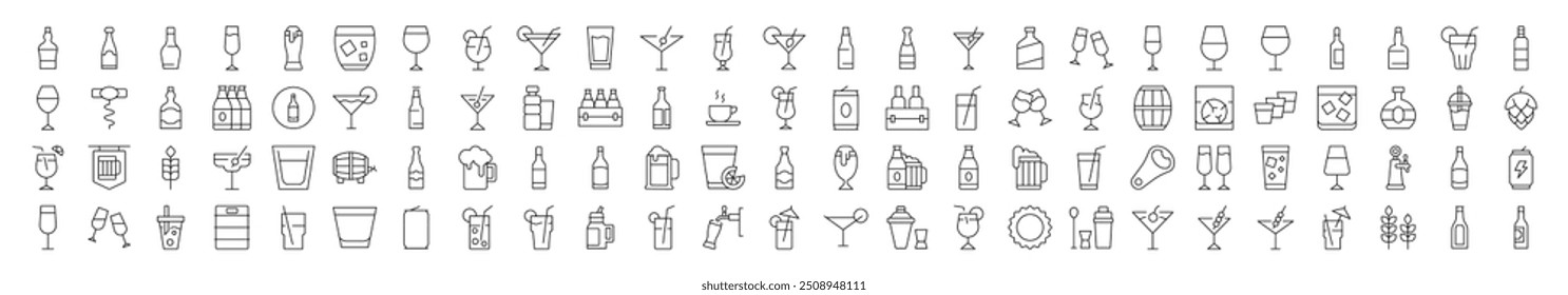 Pack of Beverage Related Line Icons. Editable Stroke for Design, Web Sites, Apps, Cards. Contains Linear Images of Beer, Coffee, Cocktail