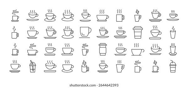 Pacote de Ícones de Linha Relacionados com Bebidas. Placas de estrutura de tópicos para design gráfico e web, aplicativos, anúncios, várias cartas 