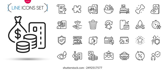 Pack of Bike app, Spanner and Loan percent line icons. Include Phone calendar, Water splash, Consolidation pictogram icons. Job interview, Eye drops, Trash bin signs. Rotation gesture. Vector