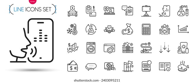 Paquete de iconos de ruta de bicicleta, de línea de retorno y de la cartera. Incluya los iconos del pictograma Seo, Chart, Clipboard. Selfie stick, Chemistry Lab, Recovery ssd (Signos de recuperación de sds). Desplazarse hacia abajo, compras en línea, trabajo en equipo. Vector