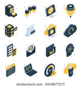 Paquete de codificación binaria e iconos isométricos de datos 

