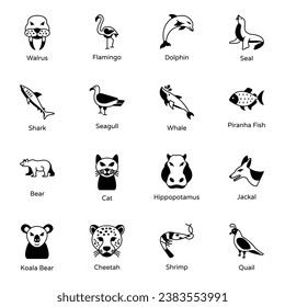 Pack of Birds and Sea Creature Solid Icons 

