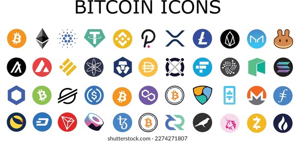 Paket von Bitcoin-Symbolen, Logo für verschlüsselte Währungsblockchain-Objekte, Crypto-Currency-Münzen